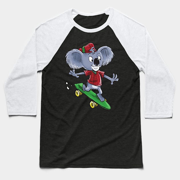 Skateboarding Koala Baseball T-Shirt by RobPetersArt